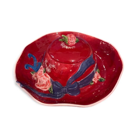 Ladies In Red Ceramic Hat Chip & Dip Set With Floral Design For Entertaining Or - Picture 2 of 5
